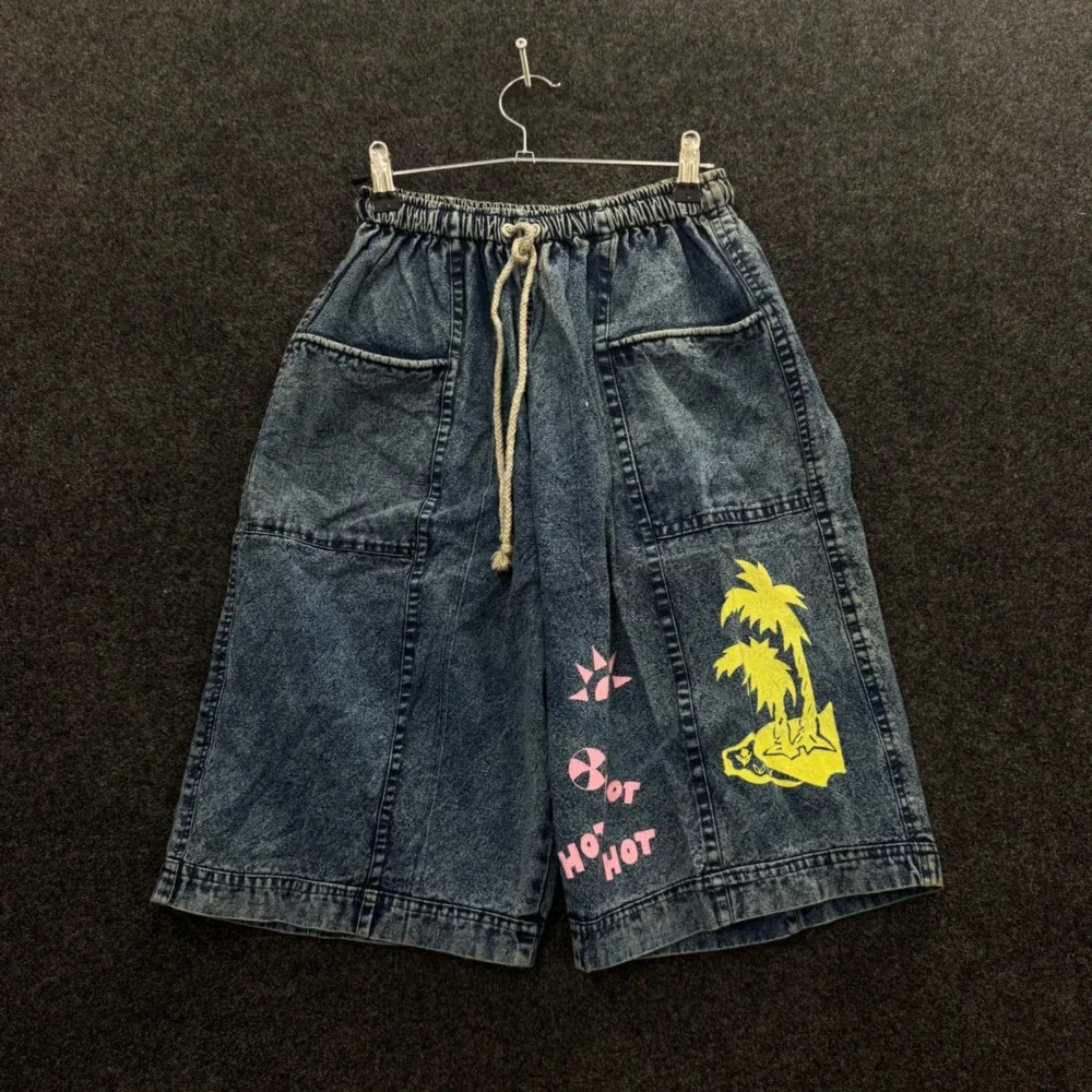 Vintage 80s Acid Wash Denim Shorts Palm Tree Neon Hot Hot Hot Blue Medium